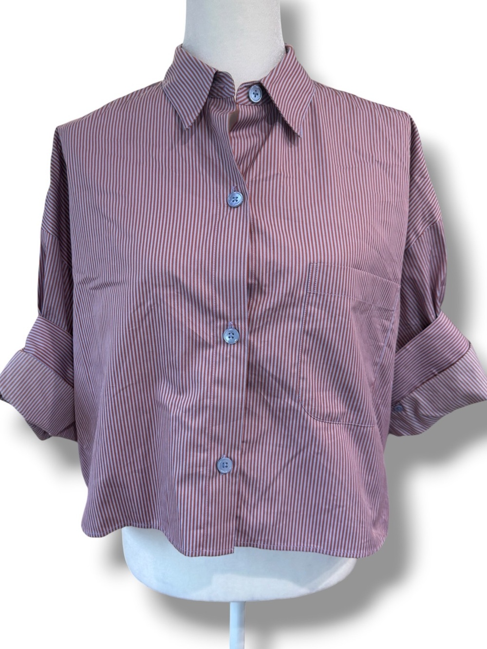 TWP Next Ex Cotton Button Down Cropped Striped Rust Blue Top Sz M/L